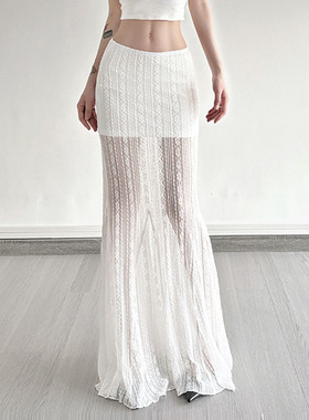 法式蕾丝鱼尾裙欧美风透视感低腰宽松显海边度假纯欲风半身裙秋季