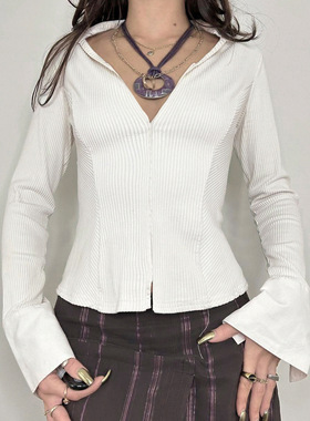V领针织开衫上衣女内搭长袖毛衣甜辣美式显瘦拼接海军领坑条衬衫