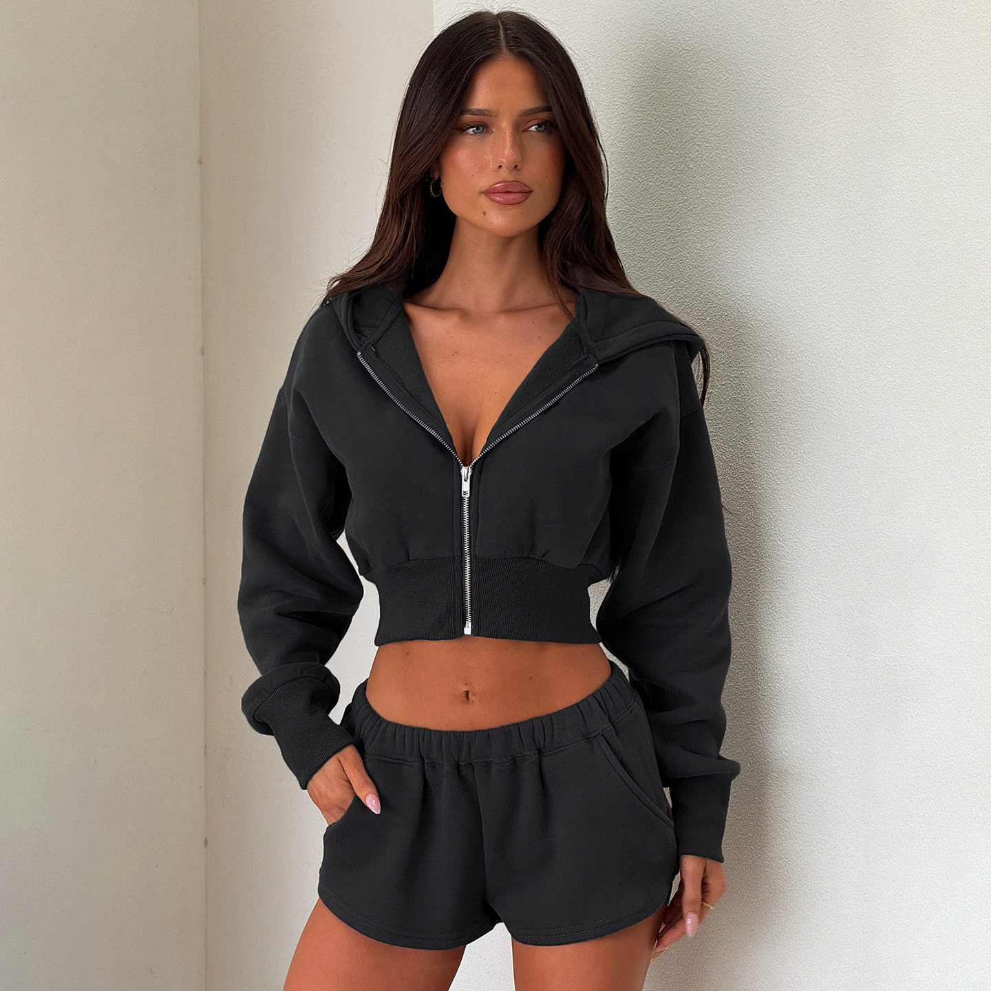 欧美个性街头风修身显瘦打版短款卫衣外套短款纯色基础休闲套装女