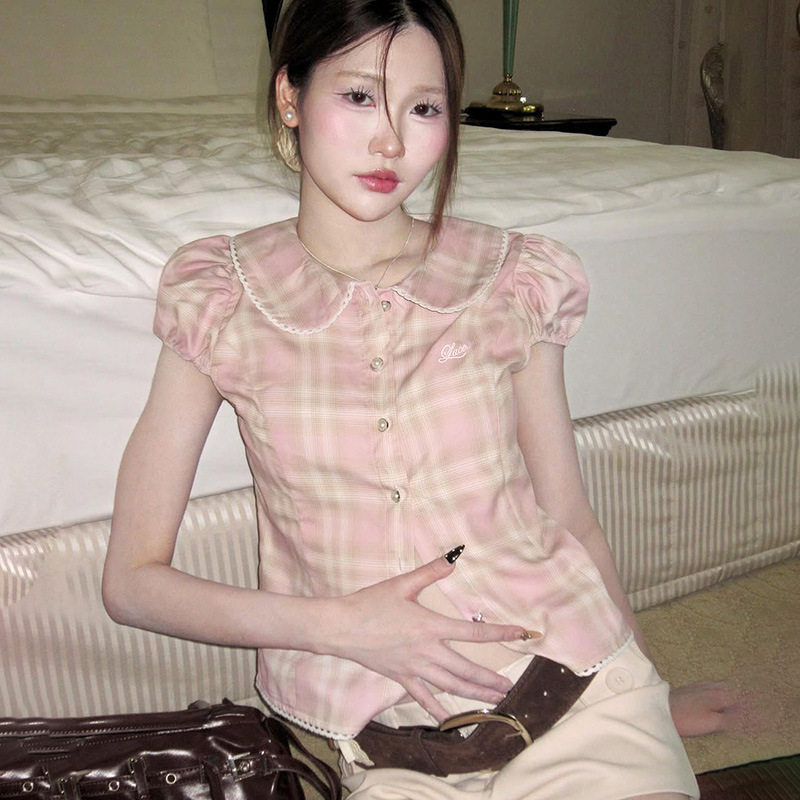 甜美泡泡袖格纹印花衬衫新款少女可爱风修身显瘦气质短袖上衣女春