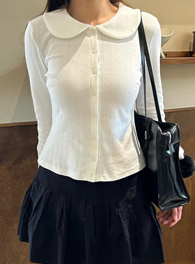 白色娃娃领长袖T恤女内搭打底衫欧美秋季翻领开衫设计感修身上衣