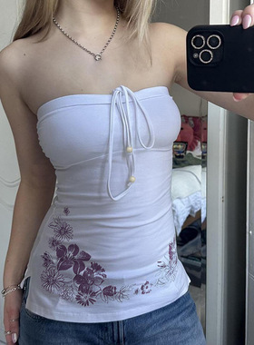 欧美新款度假风印花胸前绑绳吊带甜美清新风修身挂脖背心无袖上衣