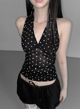 法式波点挂脖背心女外穿欧美新品女装性感V领露背气质纯欲上衣短