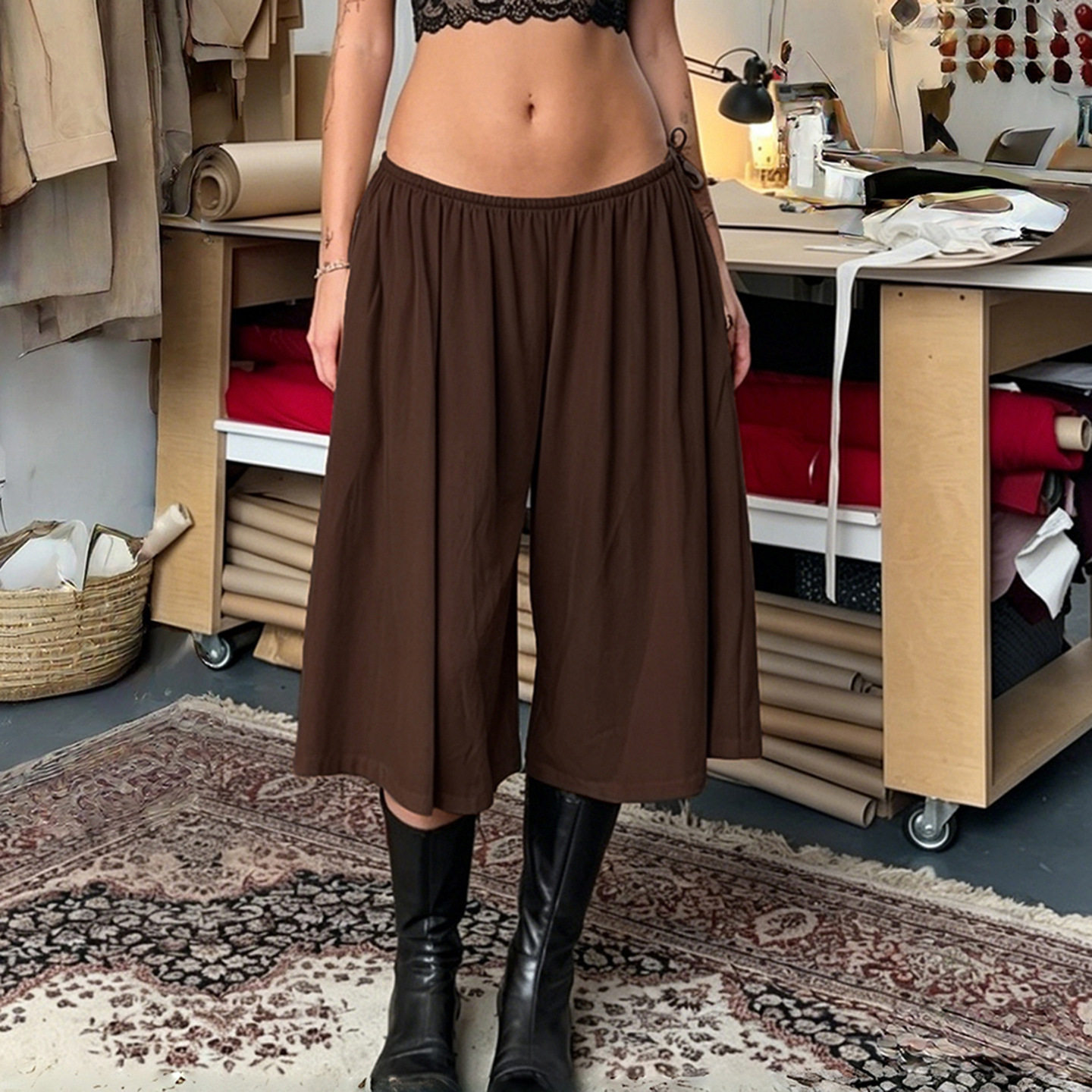 美式个性设计露脐松紧腰系带阔腿七分裤宽松休闲裙裤辣妹长裤女装