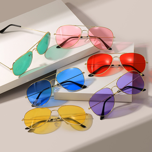 时尚男女欧美跨境3026太阳镜彩色海洋片眼镜飞行员蛤蟆镜金属墨镜