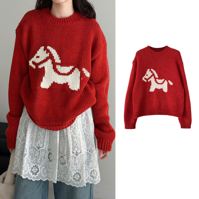 高圆圆同款小马毛衣女大红色宽松圆领针织衫新年过年本命年上衣韩