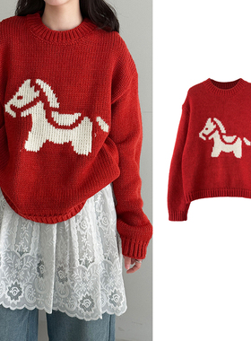 高圆圆同款红色小马毛衣女宽松圆领针织衫新年过年本命年上衣韩系