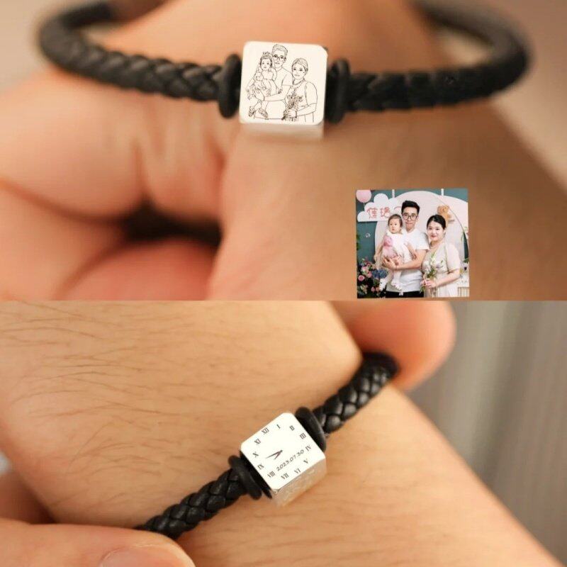 定制999银宝宝照片手脚印手链简笔画刻字转运珠老公男女情侣礼物