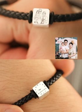 定制999银宝宝照片手脚印手链简笔画刻字转运珠老公男女情侣礼物