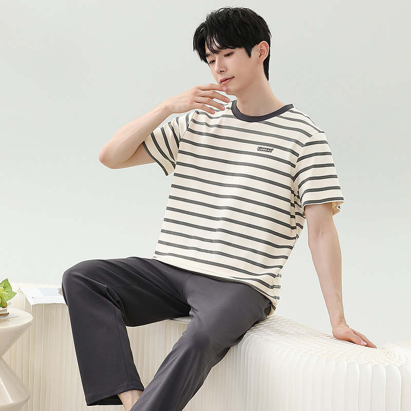 睡衣男士夏季纯棉短袖长裤家居服男款条纹夏天薄款青少年大码套装