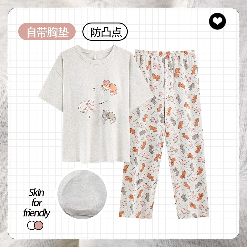 带胸垫睡衣女款2026夏季新款纯棉短袖长裤卡通薄款大码家居服套装