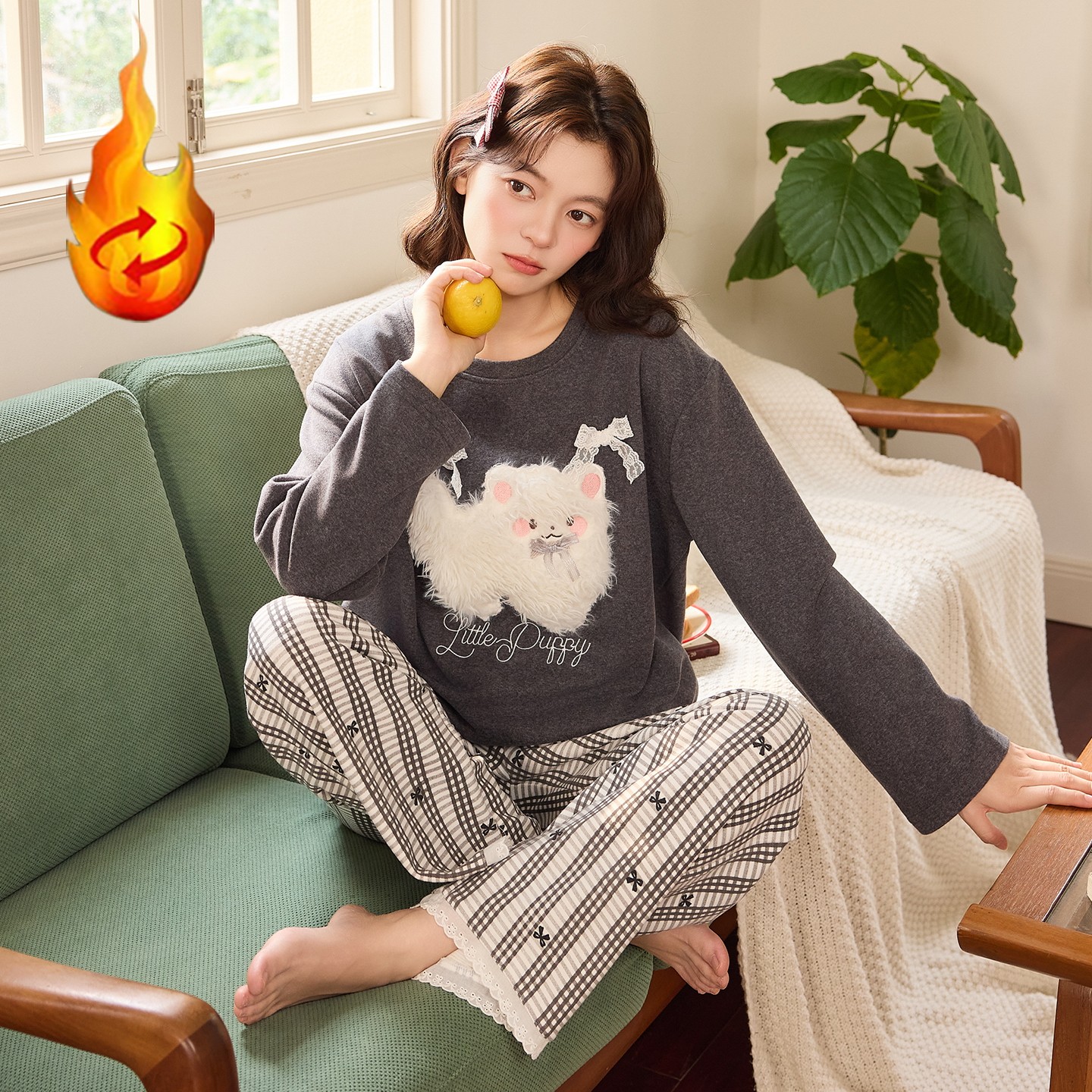 德绒保暖可外穿女睡衣套装