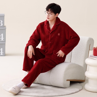 珊瑚绒睡衣男款红色本命年男秋冬季大码加绒加厚法兰绒家居服套装