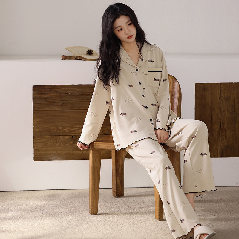 睡衣女士2026年新款纯棉翻领开衫长袖两件套装休闲家居服春秋款