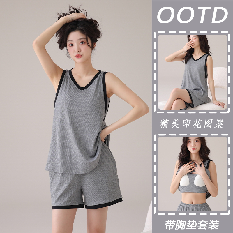 2025新款睡衣女夏季带胸垫冰丝无袖背心短裤可外穿简约家居服套装
