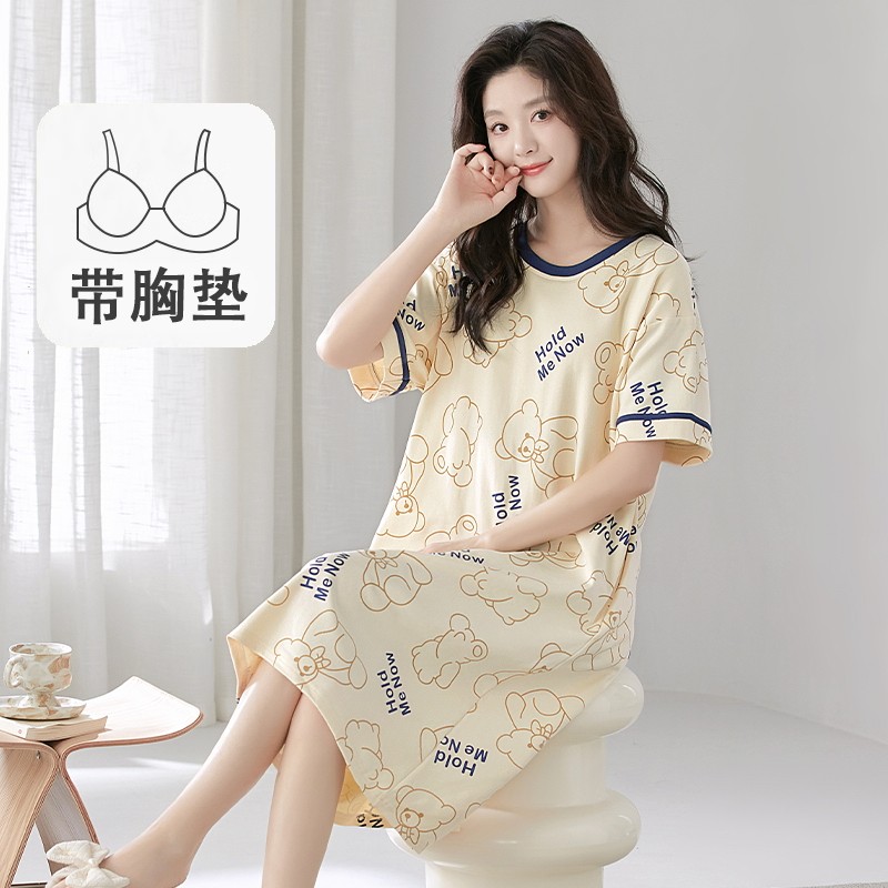 睡裙女士2025年新款夏纯棉短袖大码学生休闲夏天带胸垫睡衣家居服
