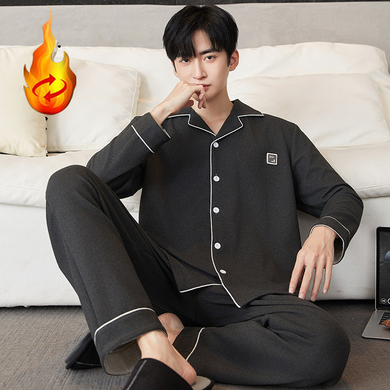 睡衣男士秋冬季德绒长袖保暖薄绒开衫加大码可外穿青年男款居家服