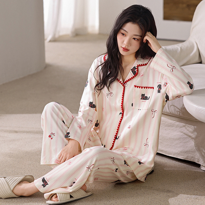 纯棉睡衣女士春秋薄款长袖长裤套装2025新款开衫简约可外穿家居服