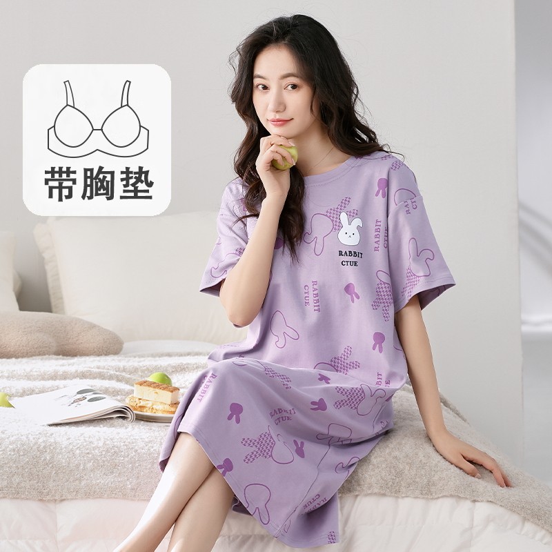 2026新款女士睡裙夏季薄款纯棉短袖中长款大码带胸垫连衣裙可外穿