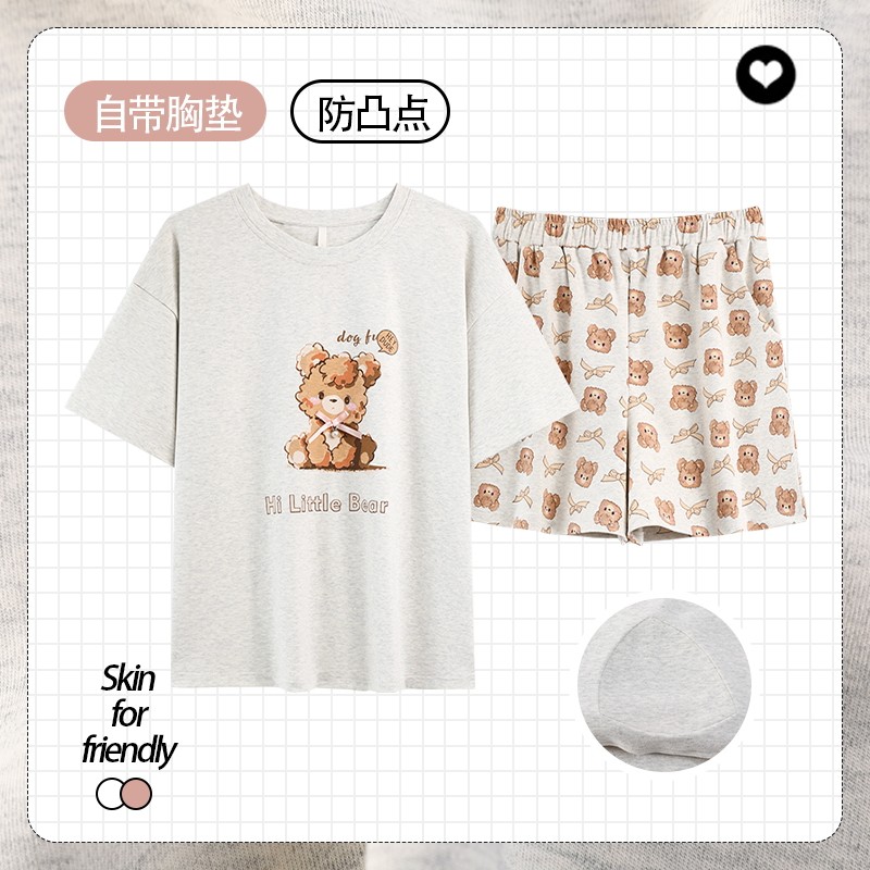 带胸垫睡衣女款2026夏季新款纯棉卡通短袖短裤薄款大码家居服套装