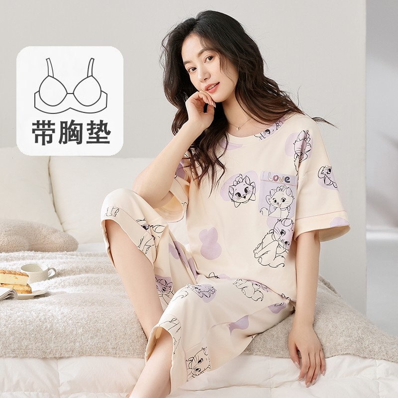 2025新款韩版休闲纯棉睡衣套装短袖七分裤女薄款夏季家居服带胸垫