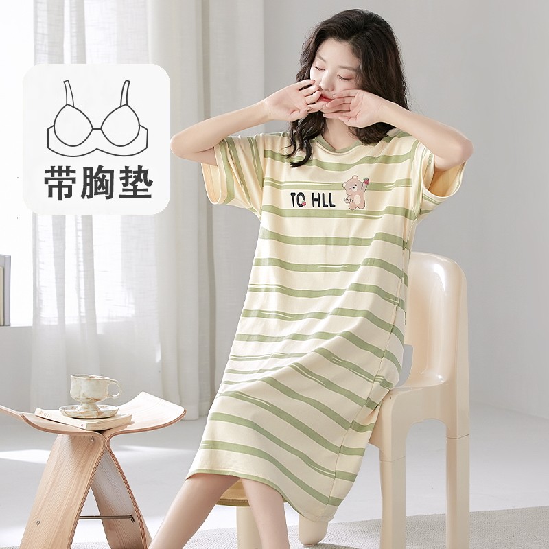夏季带胸垫睡裙女夏天睡衣纯棉短袖条纹卡通夏款连衣裙少女家居服