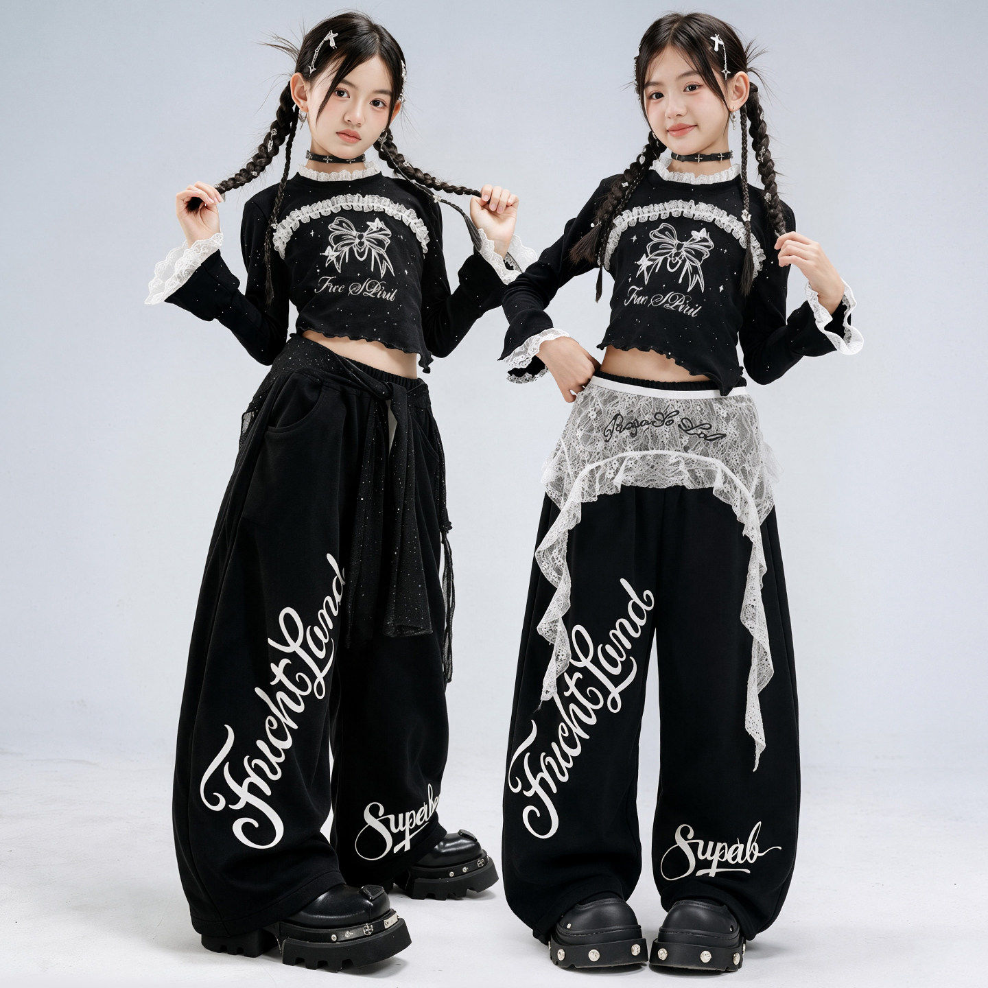 爵士舞女童服装露脐蕾丝蝴蝶结套装韩版时髦jazz练功服街舞表演服