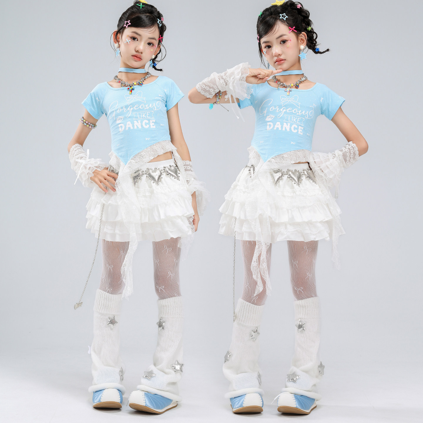 爵士舞女童服装露脐蓝色上衣蕾丝蓬蓬裙舞蹈服套装jazz街舞表演服