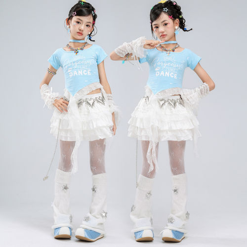 爵士舞女童服装露脐蓝色上衣蕾丝蓬蓬裙舞蹈服套装jazz街舞表演服