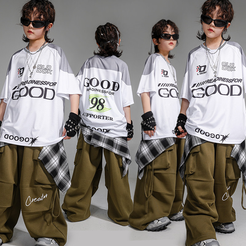 街舞儿童潮服男童hiphop短袖套装少儿街舞演出服女童嘻哈风工装裤