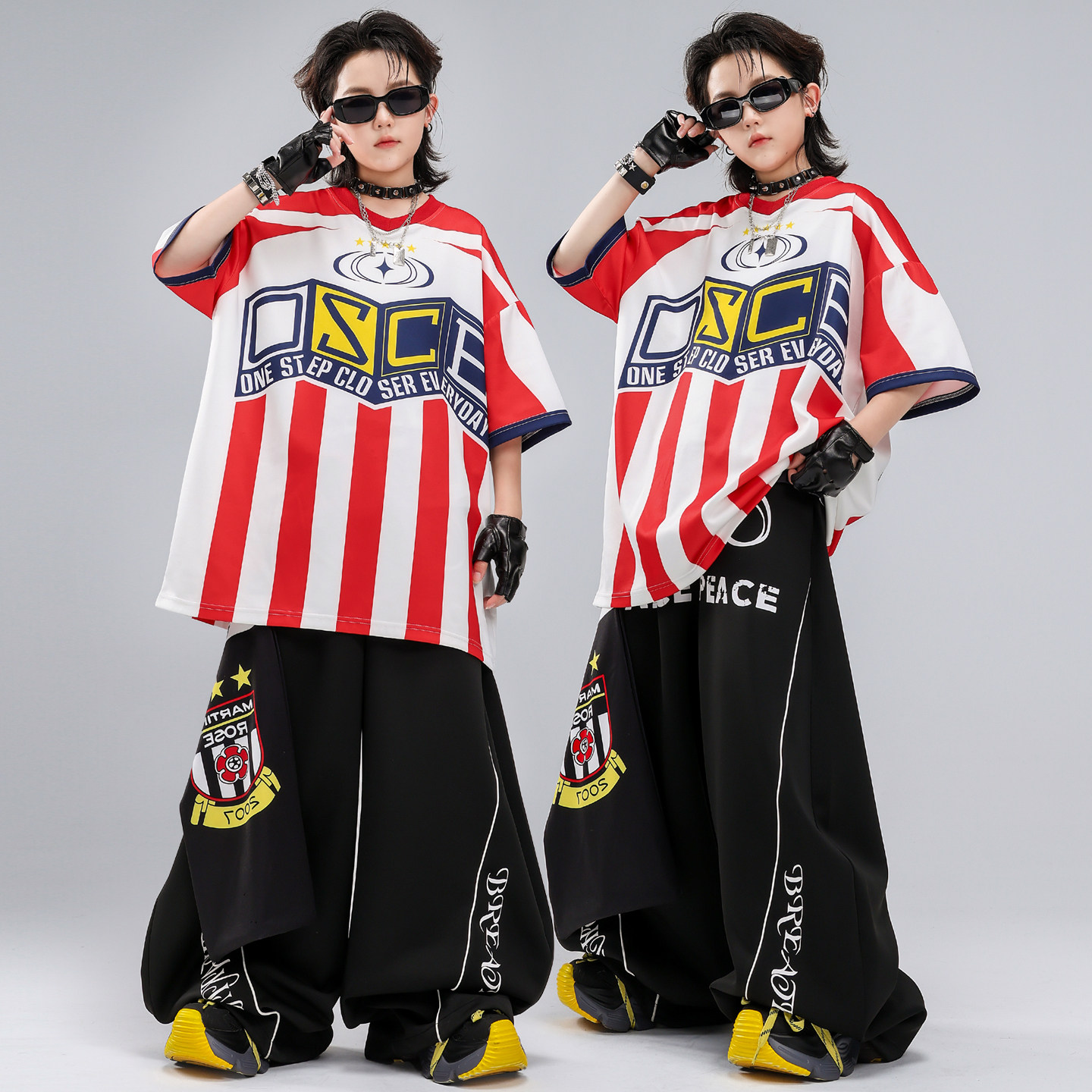 儿童街舞潮服嘻哈男童红白条纹短袖表演服套装hiphop男孩潮牌童装