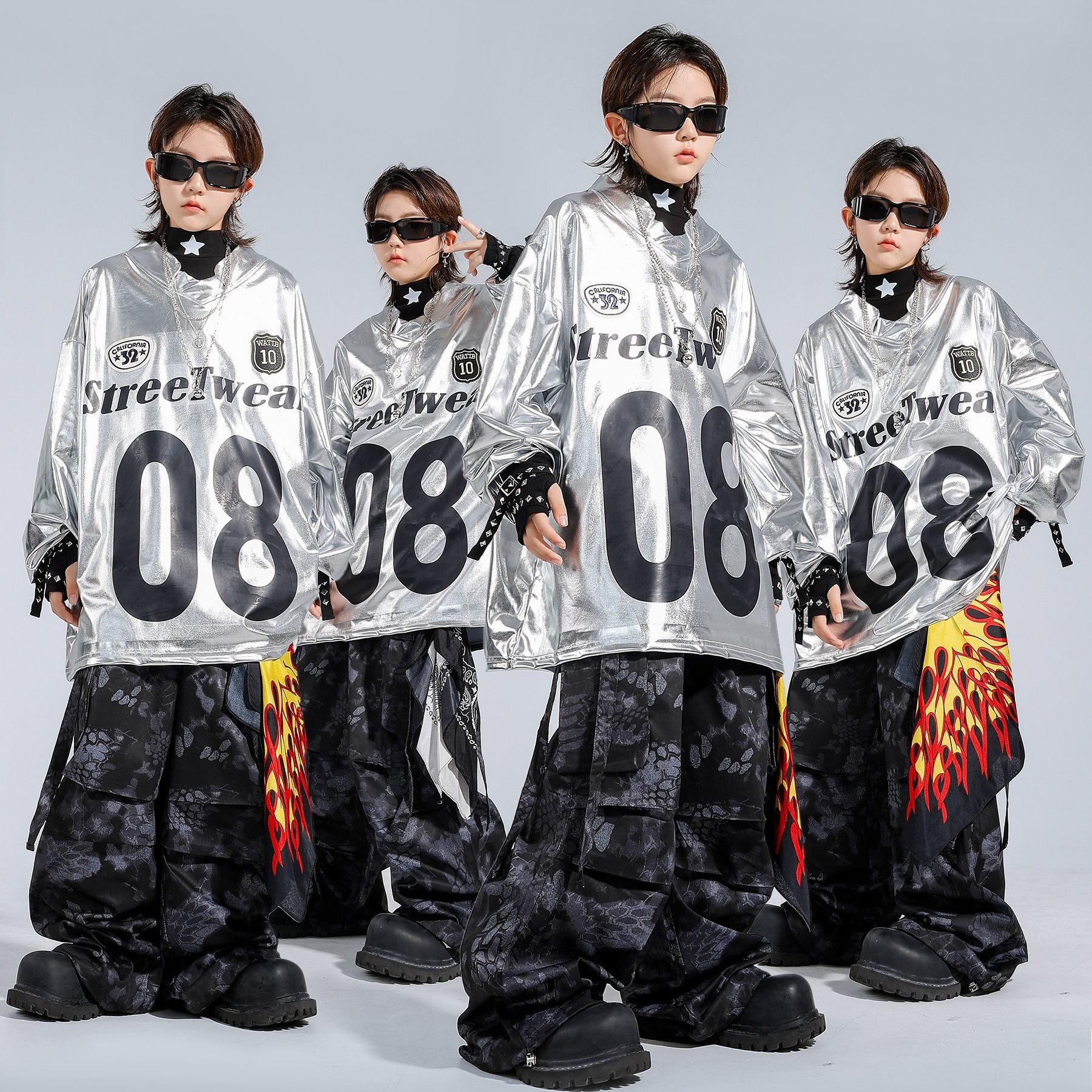 街舞男童银色亮面卫衣美式潮服少儿嘻哈演出服酷帅hiphop表演服装