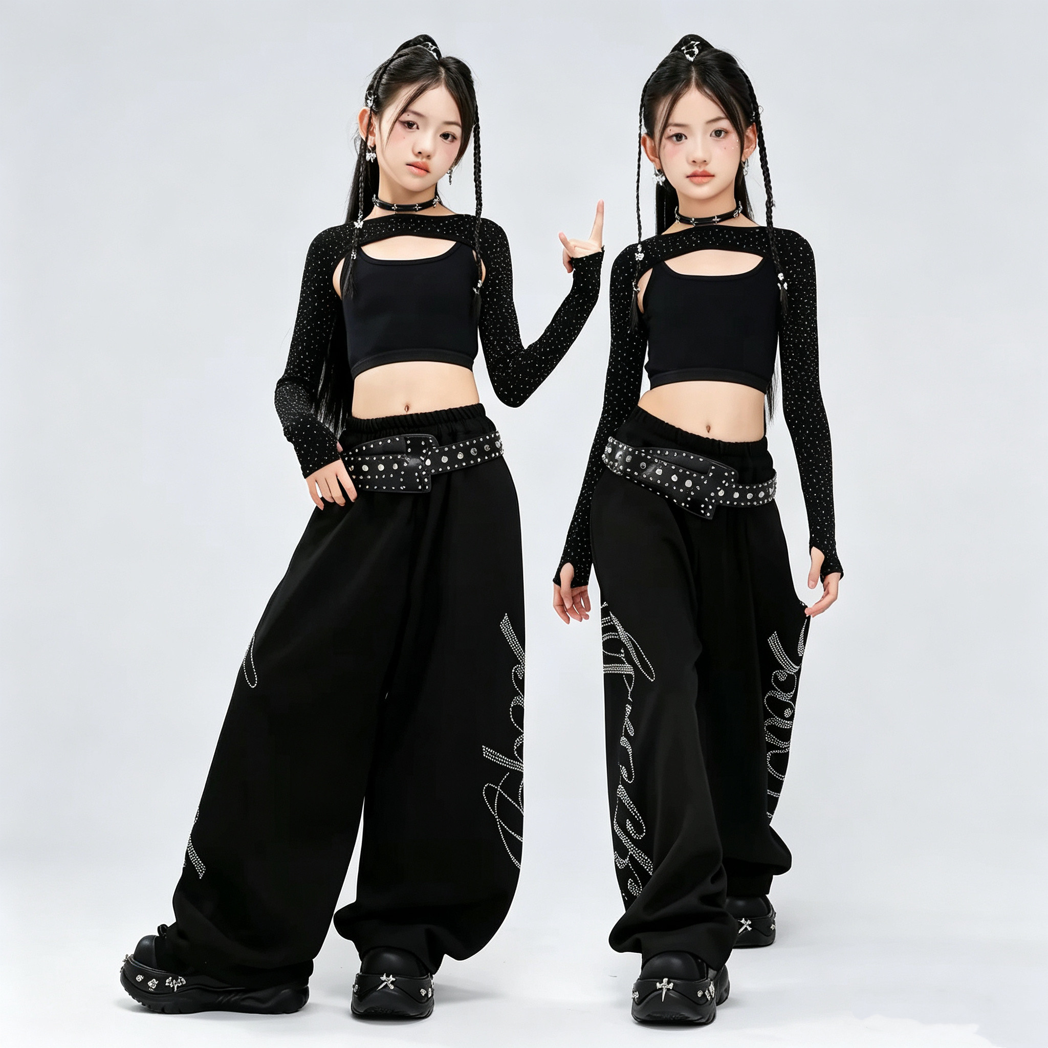 爵士舞女童露脐黑色亮钻吊带模特形体走秀表演服套装时髦女孩街舞