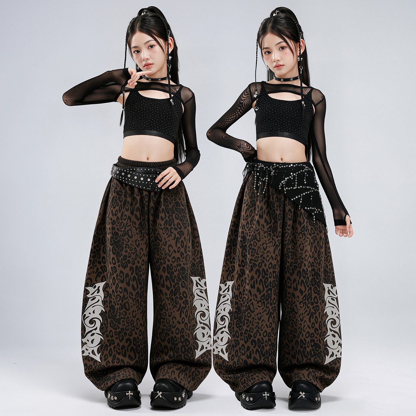 爵士舞女童服装潮酷时髦烫钻网纱豹纹舞蹈服jazz女孩街舞表演服女