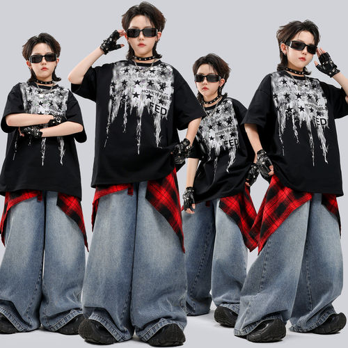 六一儿童街舞演出服嘻哈夏季女童宽松牛仔长裤hiphop男童潮牌童装