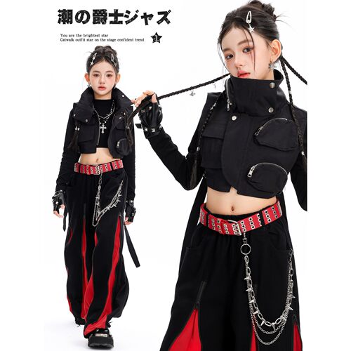女童爵士舞服装韩版酷帅机车服黑红拼色演出服套装jazz模特走秀服