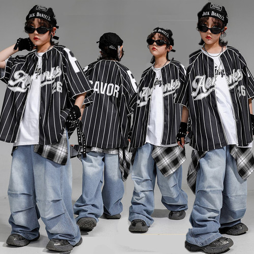 街舞儿童潮服嘻哈潮牌童装短袖男童少儿hiphop演出服女孩屁帘套装