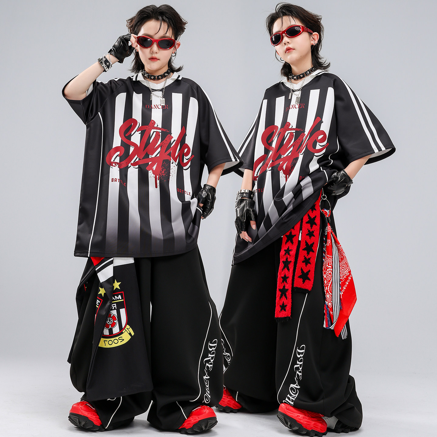 男童街舞潮装黑白条纹跳舞走秀表演服套装嘻哈儿童潮服hiphop男孩