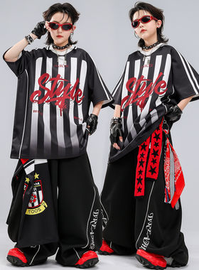 男童街舞潮装黑白条纹跳舞走秀表演服套装嘻哈儿童潮服hiphop男孩