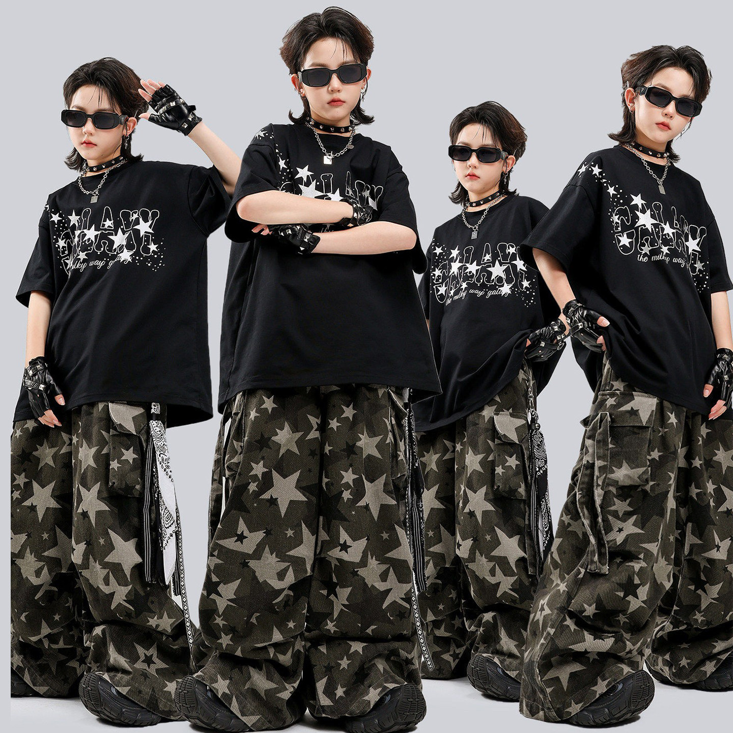 六一儿童街舞演出服嘻哈风少儿hiphop男童迷彩裤套装女童jazz表演