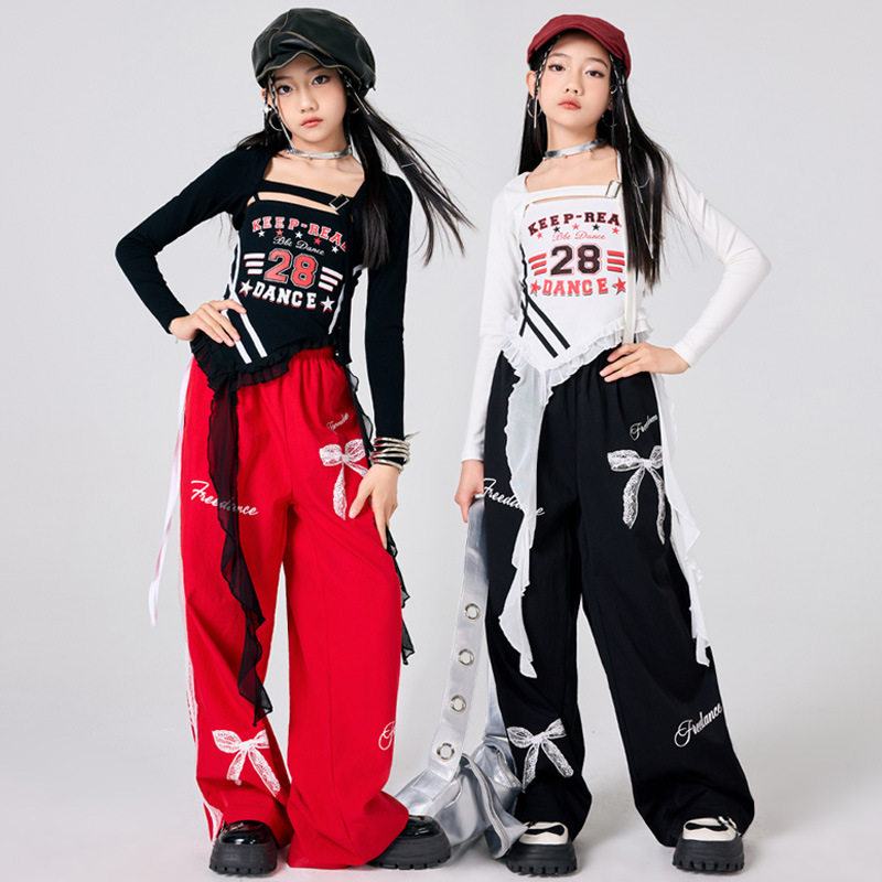 女童爵士舞服潮蕾丝蝴蝶条纹修身演出服街舞嘻哈女团走秀练功套装