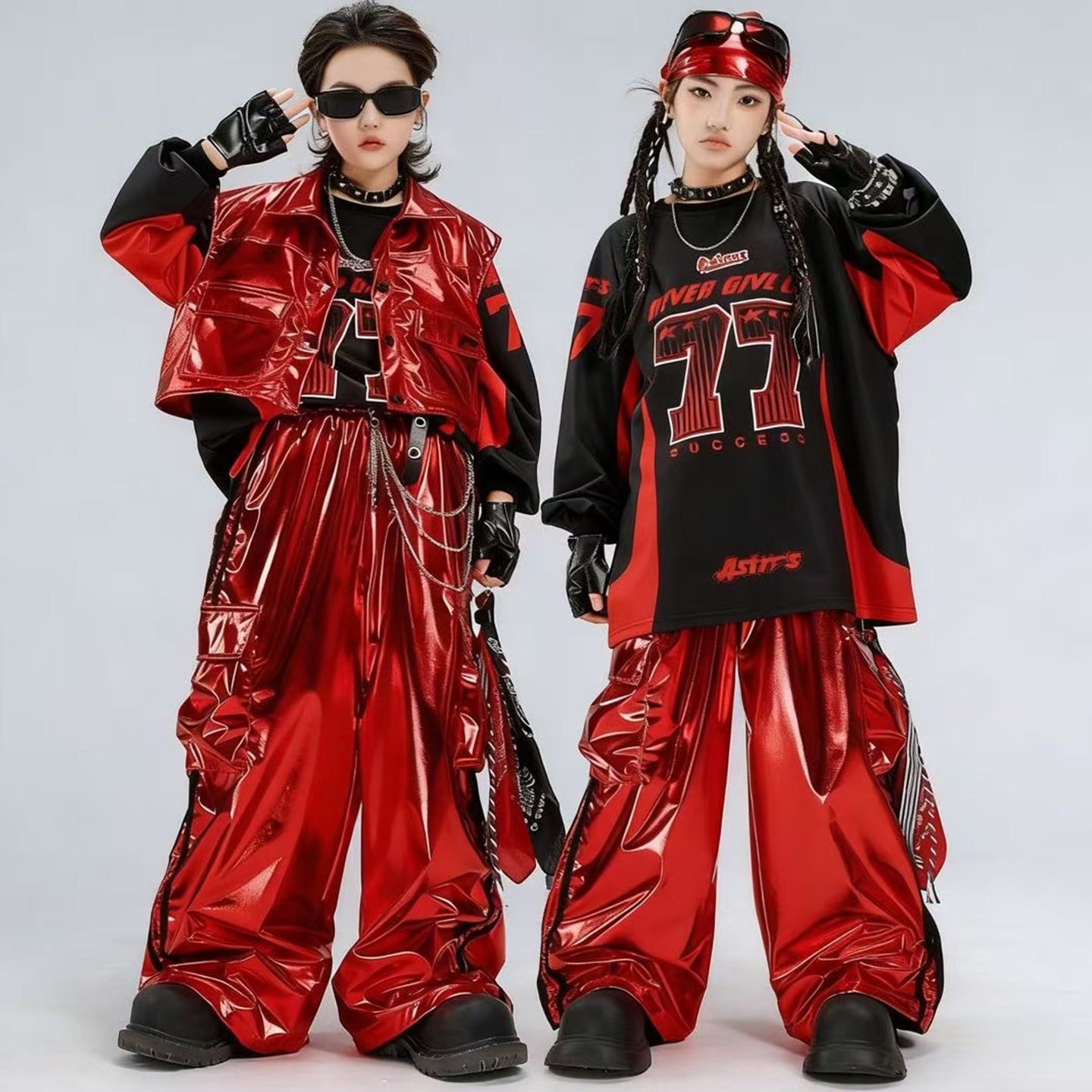 少儿街舞服装嘻哈男童红色亮皮儿童表演服套装女童走秀元旦演出服