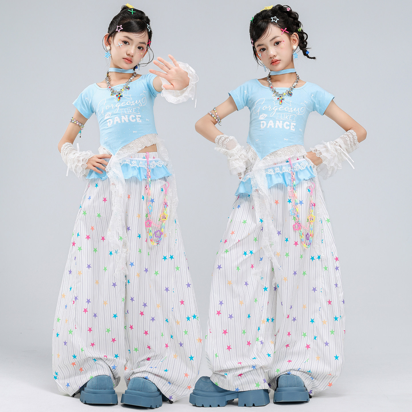 少儿爵士舞服装夏季女童露脐蓝色蕾丝舞蹈服套装jazz街舞表演服女