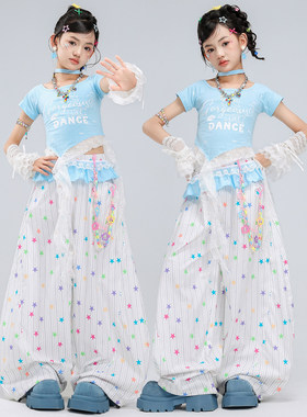 少儿爵士舞服装夏季女童露脐蓝色蕾丝舞蹈服套装jazz街舞表演服女