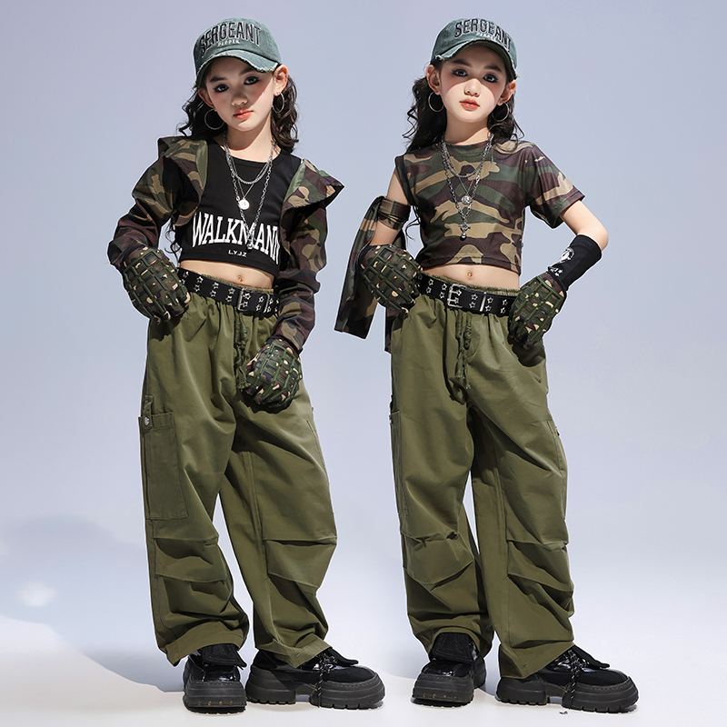 爵士舞女童服装迷彩系套装潮酷时髦裤子练功服少儿jazz演出服女孩