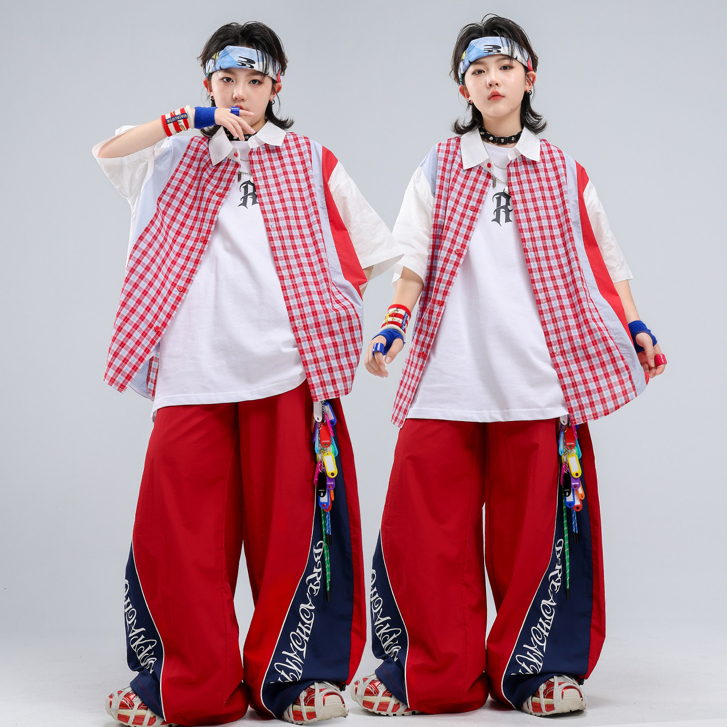 男童街舞套装嘻哈儿童潮服潮牌炸街红色格子衬衫hiphop男孩演出服