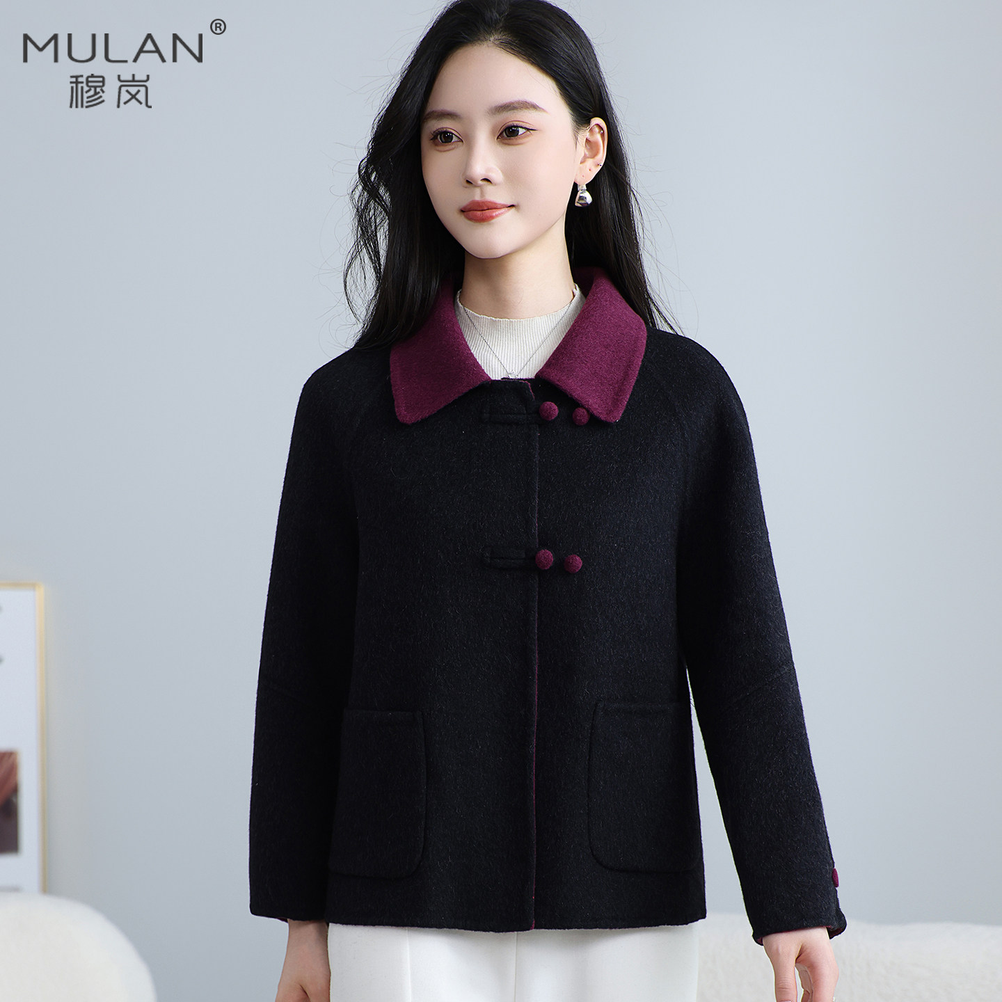 撞色翻领超短款双面呢羊绒大衣