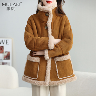 冬新中长款翻领两面穿皮毛一体羊羔毛皮草女大码加厚羊剪绒大衣