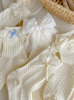 蕾丝蝴蝶结miu系小皮鞋芭蕾风袜子女春秋款Lolita学院风中筒袜薄