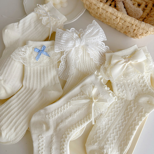 蕾丝蝴蝶结miu系小皮鞋芭蕾风袜子女春秋冬款Lolita学院风中筒袜